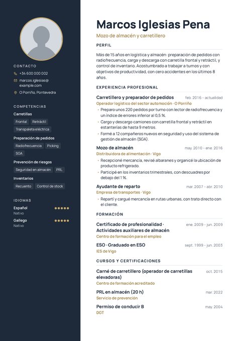 CV de ejemplo de Marcos, 41 años (Logística · carretillero y almacén), plantilla Moderna. Persona ficticia.
